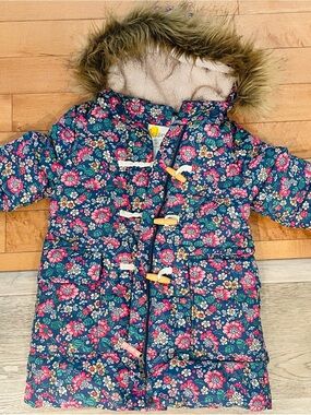 Mini Boden Navy Floral Puffer Coat with Faux-Fur Trim